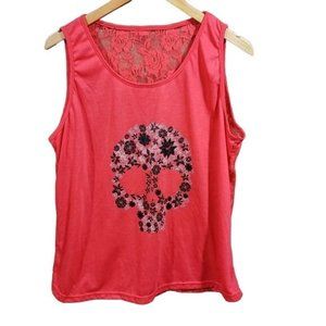 Floral skull graphic with full lace back tank top woman's size large